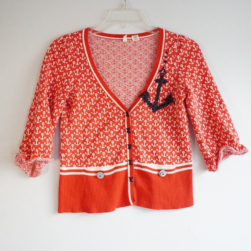 Moth Anthropologie Coxswain‎ Red Anchor Nautical Cardigan 3/4 Ruffle Sleeve XS